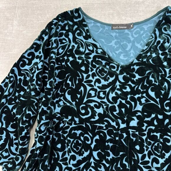 Cut Loose Blouse Womens S/M Blue Velvet Burnout‎ Floral Oversized Lagenlook USA - Picture 2 of 8